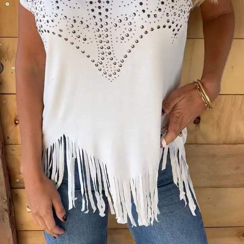 🔥HOT SALE 50% OFF🔥Women's Solid Colour Short Sleeve T-shirt With Hot Print And Frayed Hem