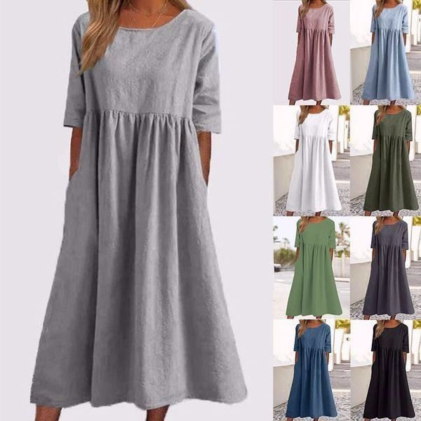 💝2025 NEW SALES - 50% OFF💝Women's Casual Basic Outdoor Crew Neck Pocket Smocked Cotton Dress