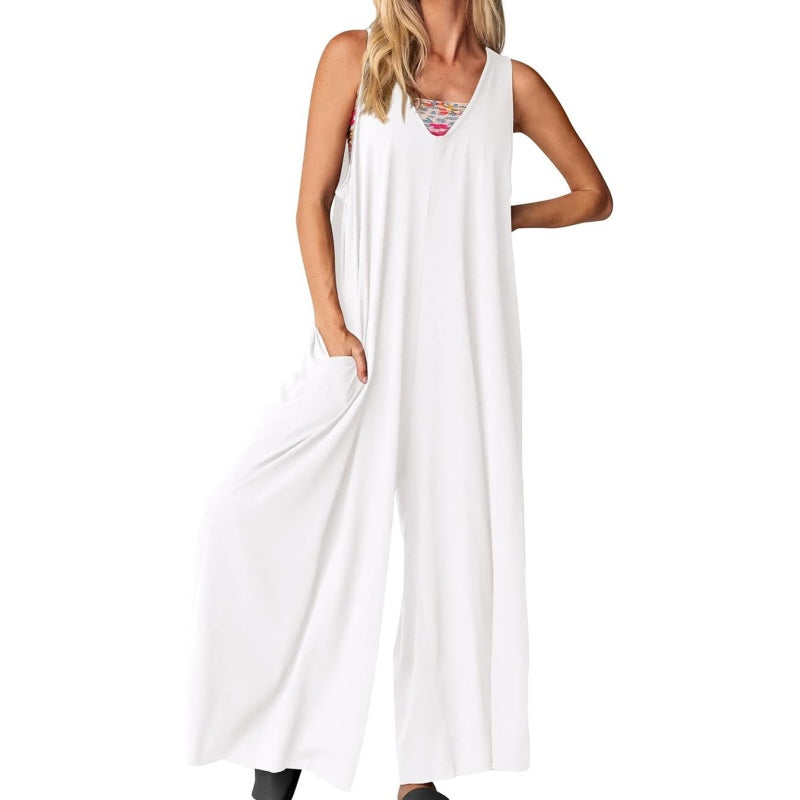 Women's Casual V-Neck Sleeveless Wide Leg Jumpsuit