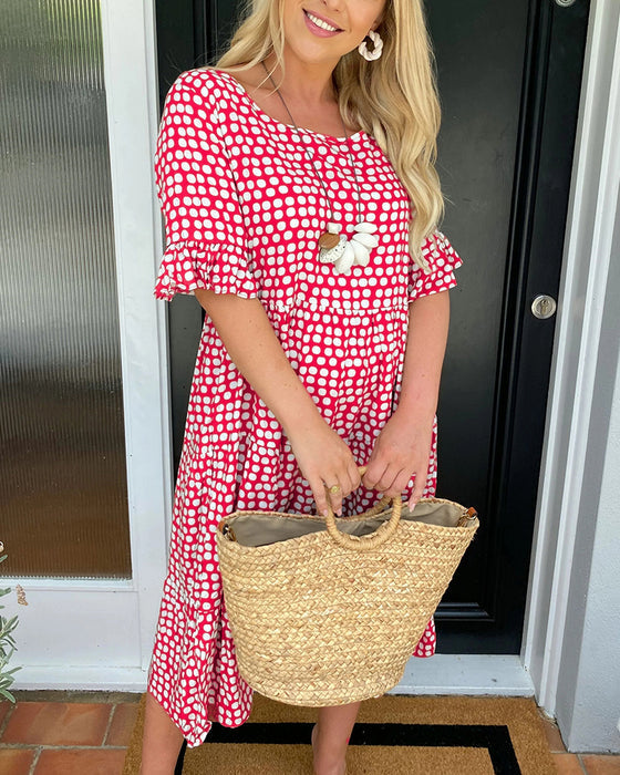 🎁2024 Big Sale🎁💥Round Neck Polka Dot Print Midi Dress