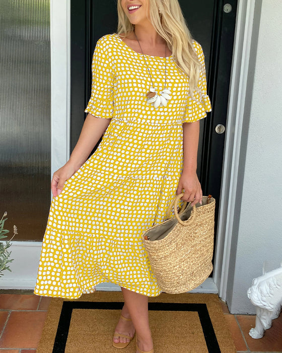 🎁2024 Big Sale🎁💥Round Neck Polka Dot Print Midi Dress