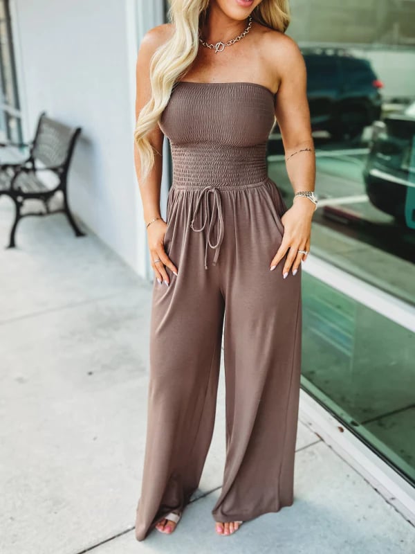 🔥Off Shoulder Solid Color Smocked Jumpsuit