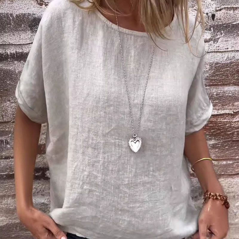 Women's Solid Color Round Neck Half-sleeved Cotton Linen Blouse