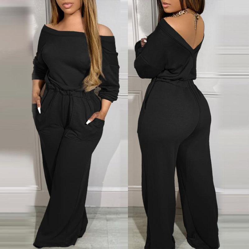 Off Shoulder V-Back Stretchy Waist Jumpsuit