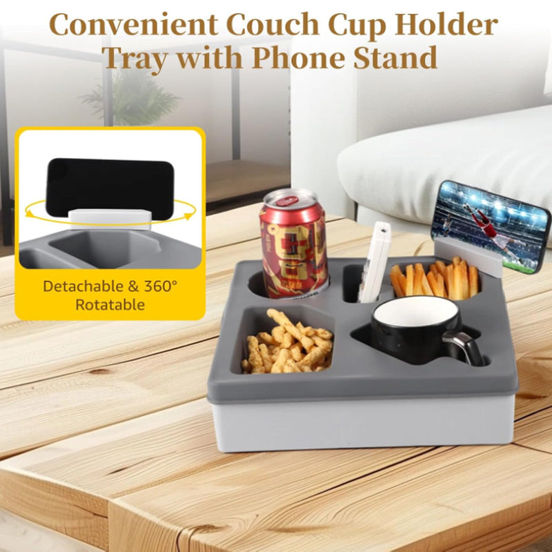 Couch Cup Holder Tray with Phone Stand