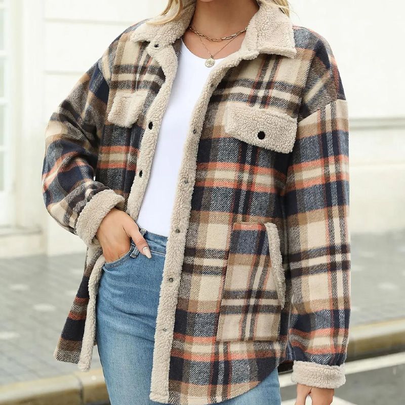 Women’s Casual Sherpa Plaid Long-sleeve Button-down Coat