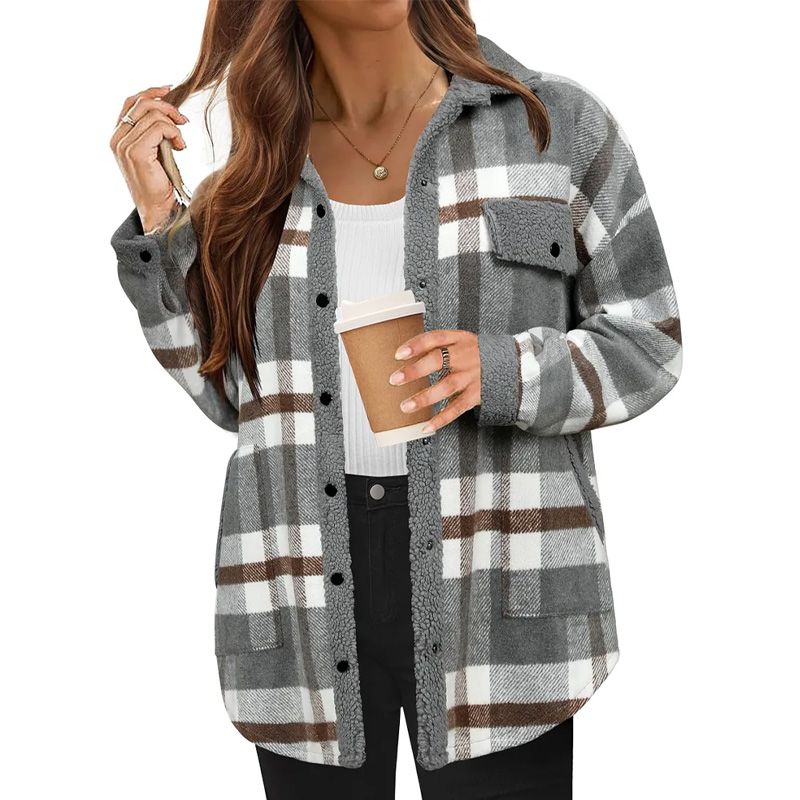 Women’s Casual Sherpa Plaid Long-sleeve Button-down Coat