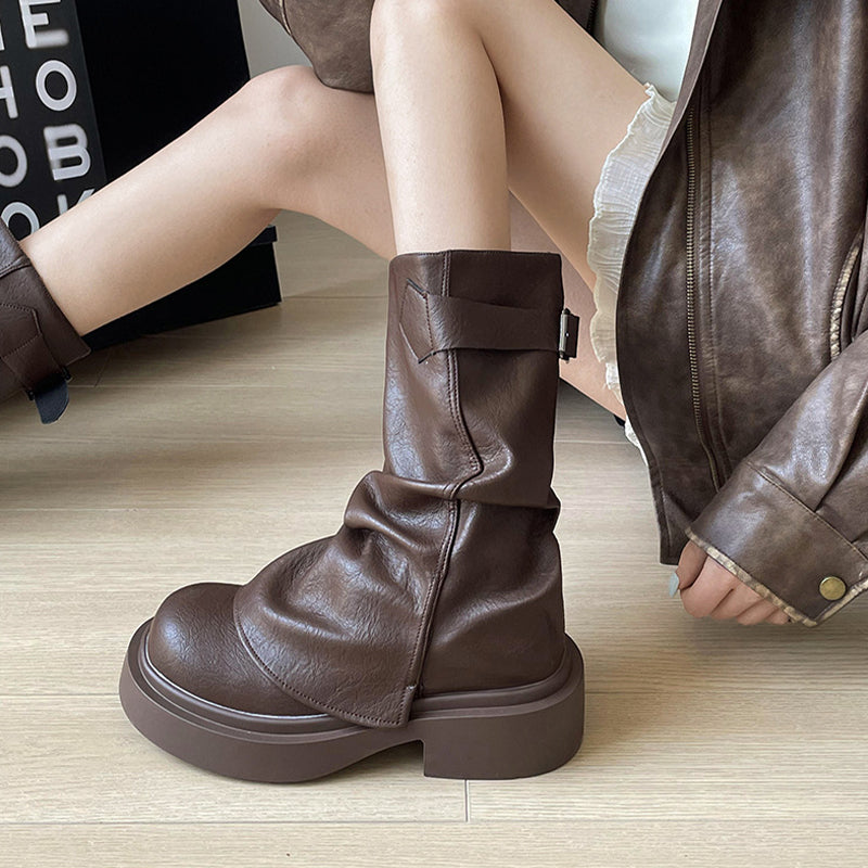 Vintage Mid-Calf Pleated Chunky Heel Boots