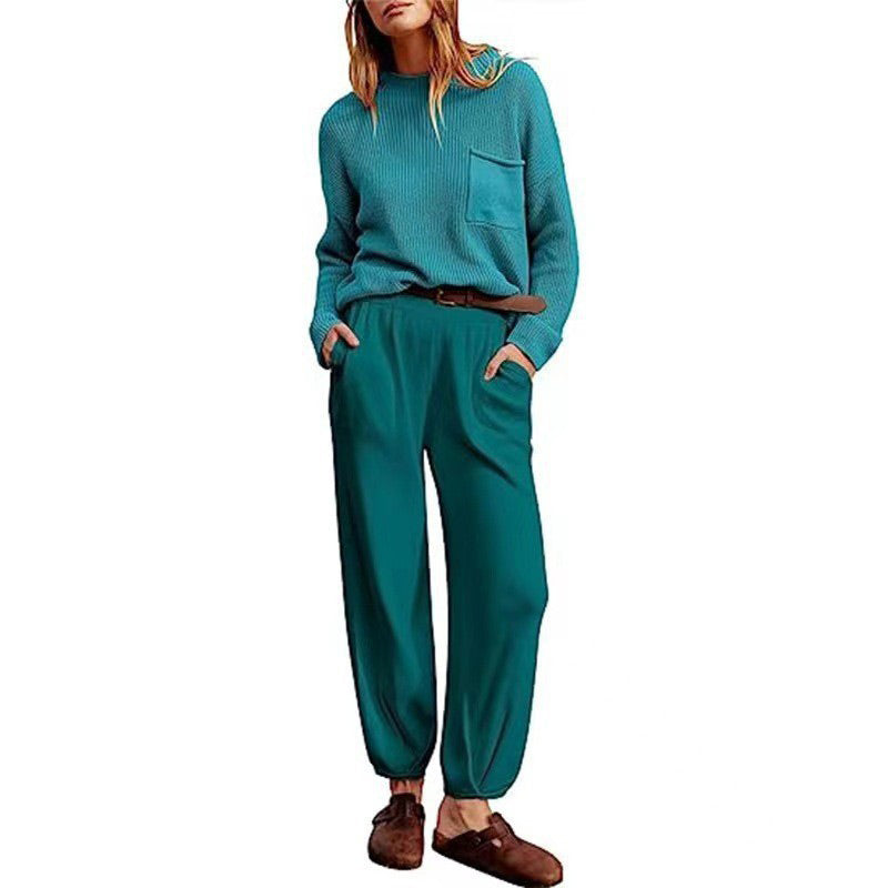 Solid Color Knitted Top with a Pocket and Pants Set