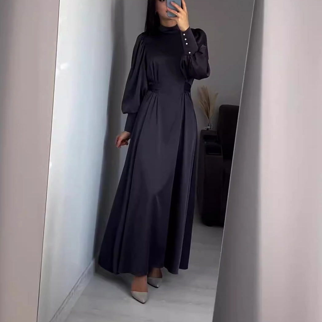 Women's Long Sleeve Tie Waist Pleated Dress