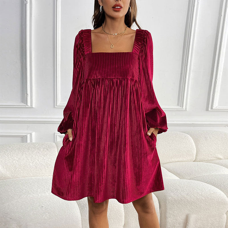 🎅Xmas Sales - 50% OFF🎄Women's Square Neck Velvet Babydoll Dresses with Tie-Back