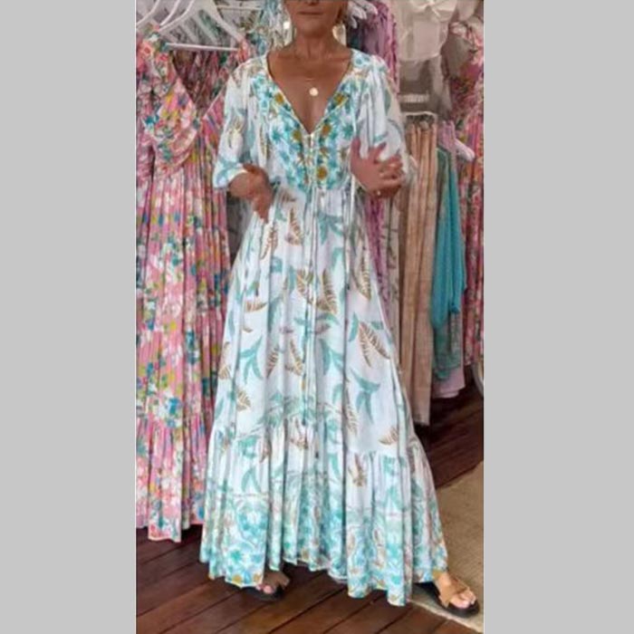 Women’s Fashionable Printed Maxi Dress with Belted V-neckline