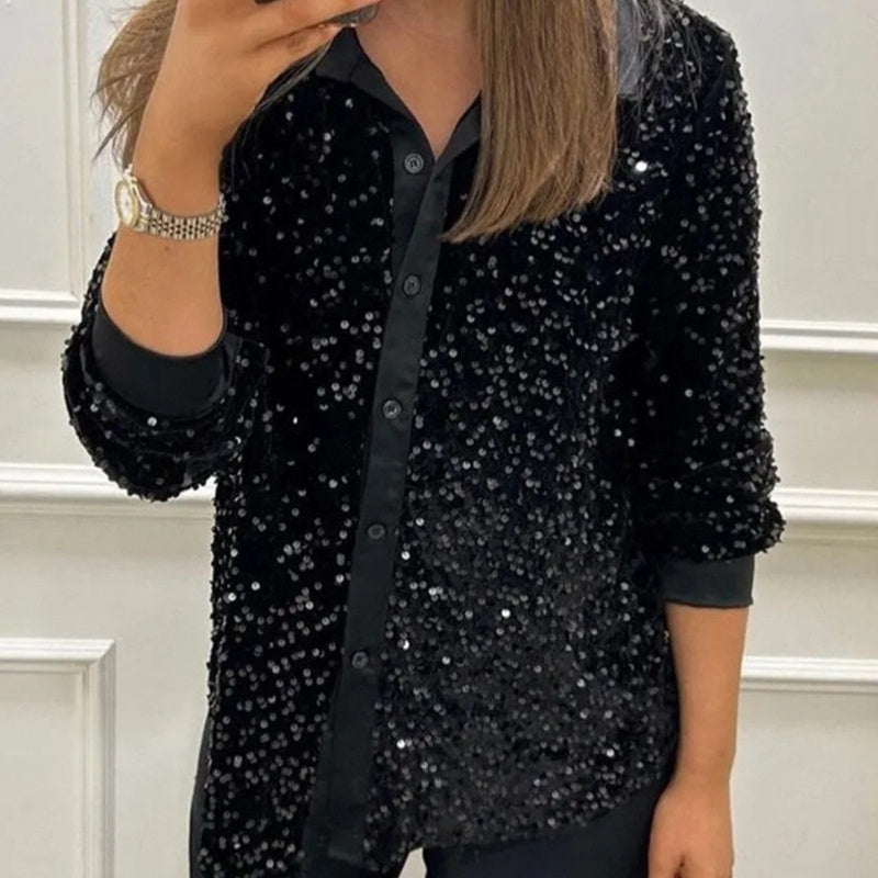 Women's Lapel Button-Down Sparkly Party Shirt