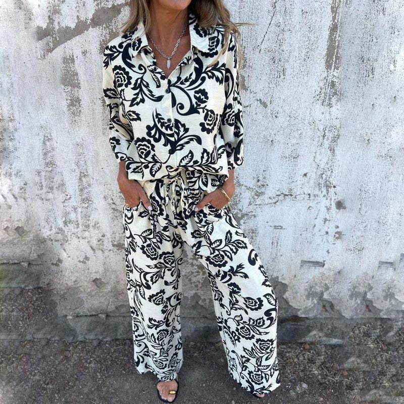 Women’s Stylish Print Lapel Button Shirt and Wide-leg Pants 2-piece Set