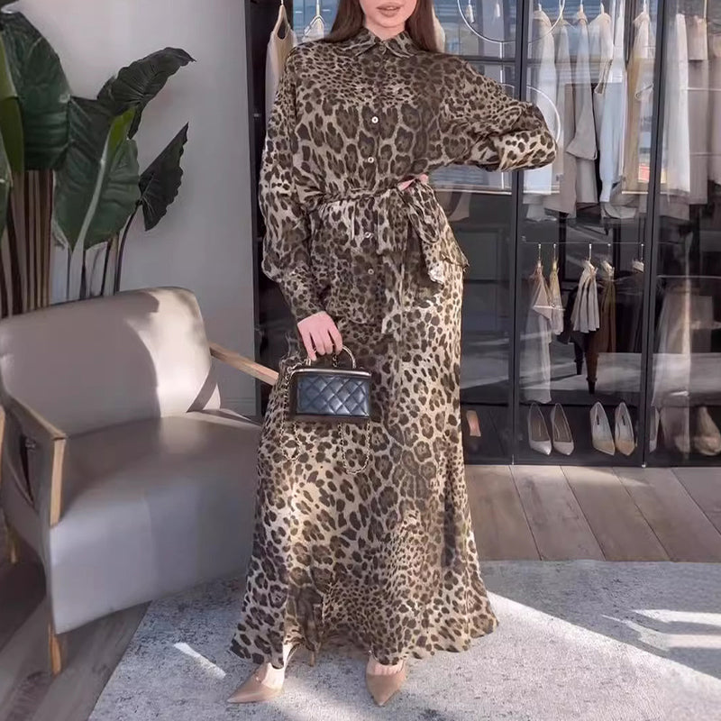 Leopard Print Long Sleeve Shirt & Maxi Skirt Two Piece Set