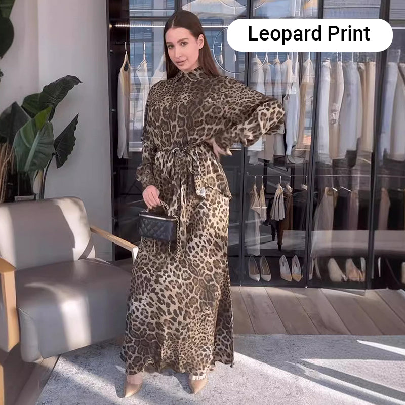 Leopard Print Long Sleeve Shirt & Maxi Skirt Two Piece Set