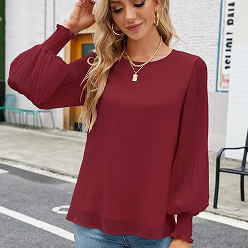 Women's Casual Crew Neck Pleated Lantern Long Sleeve Shirts