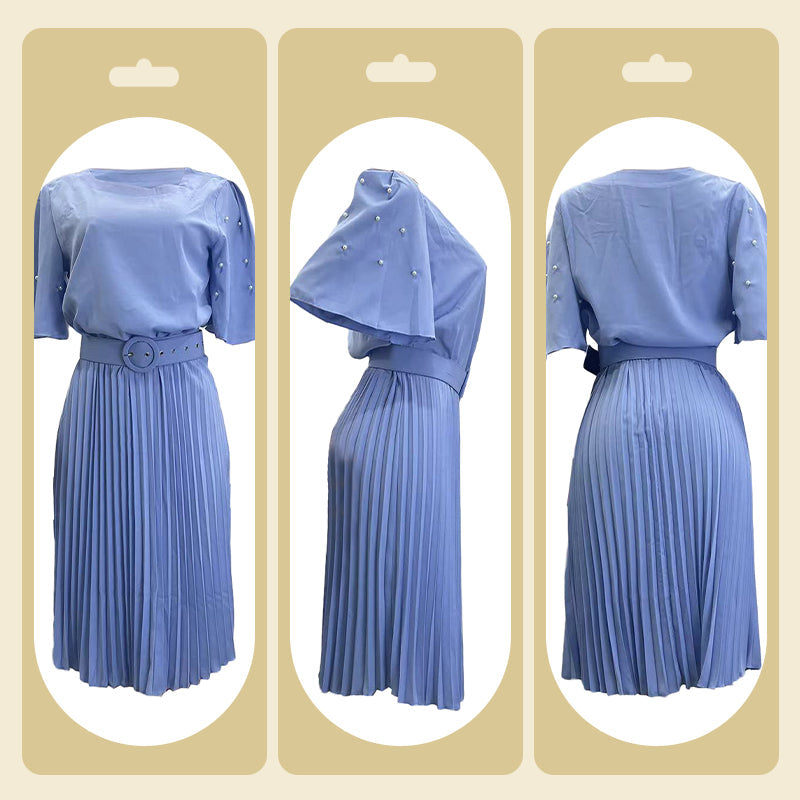 Elegant Round Neck Pleated Dress with Belt