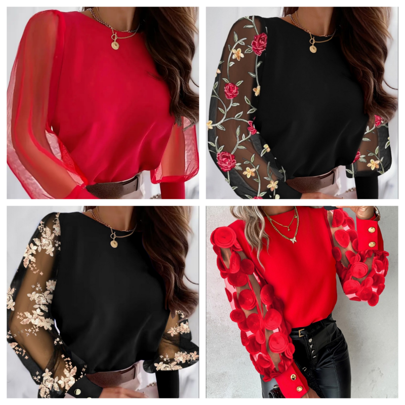 🔥2025 HOT SALE🔥 Women’s Flower Mesh Long-Sleeve Round Neck Tops