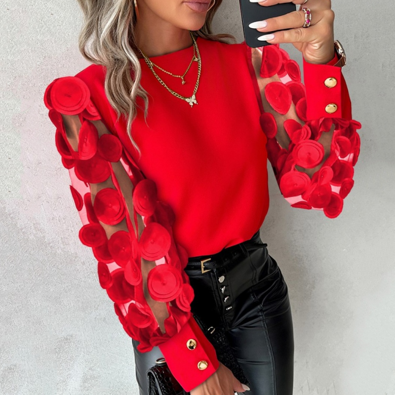 🔥2025 HOT SALE🔥 Women’s Flower Mesh Long-Sleeve Round Neck Tops