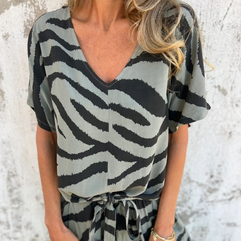 Women's Zebra Print V-Neck Top & Pants Two-Piece Set