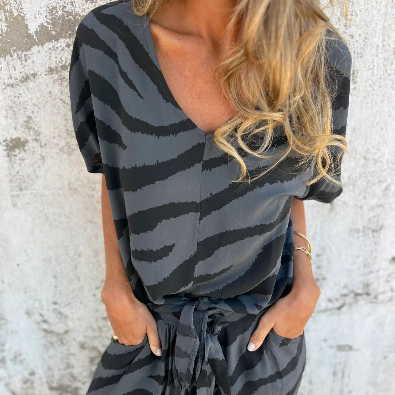 Women's Zebra Print V-Neck Top & Pants Two-Piece Set