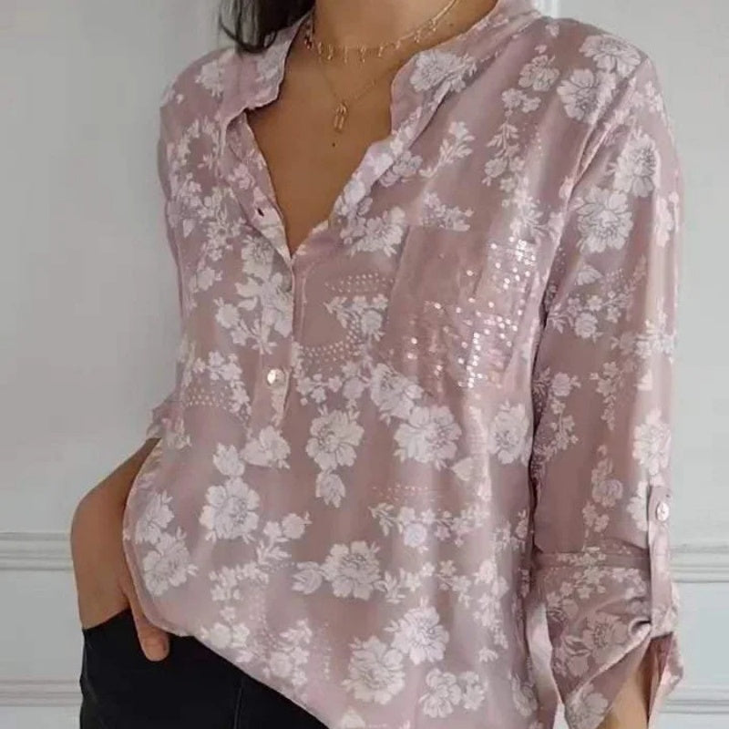 🌸Spring Specials🌸 Women's Floral Print Long Sleeve Blouse with Sequin Pocket