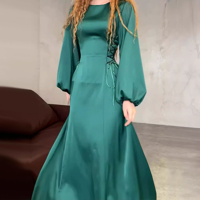 Women's Side-Tie Waist Puff-Sleeve Maxi Dress