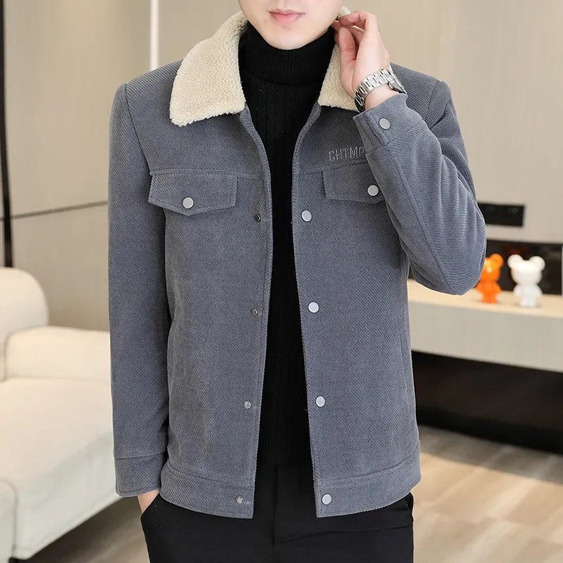 Men's Fashion Lapel Solid Color Button Thickened Jacket