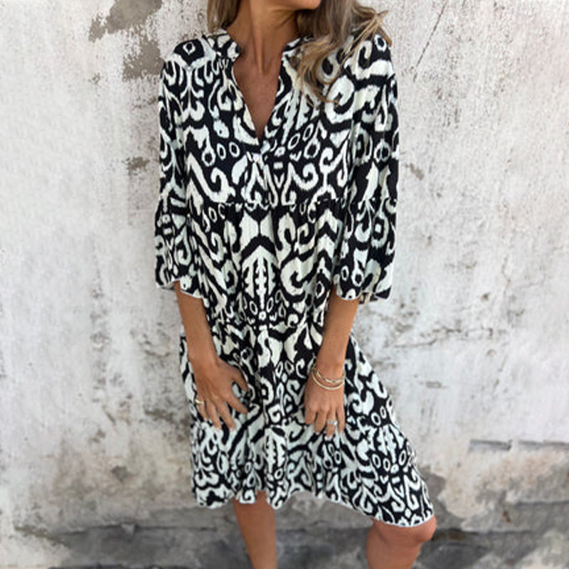 V-Neck Printed Three-Quarter Sleeve Dress