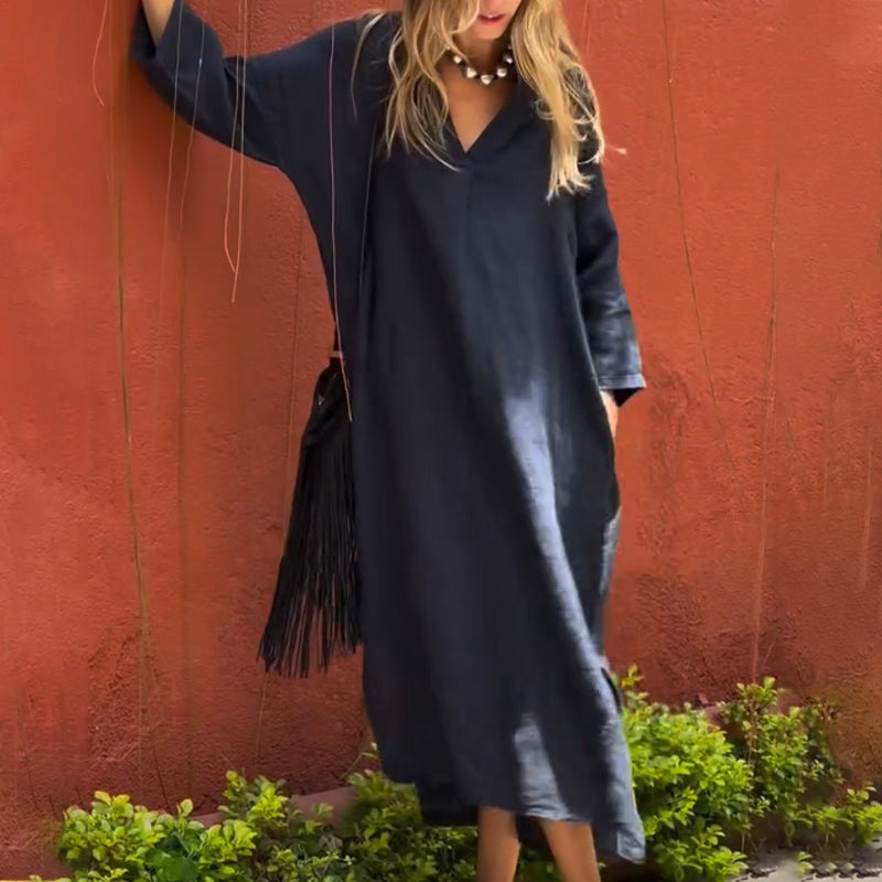 Casual Solid Color V-Neck Split Loose Dress