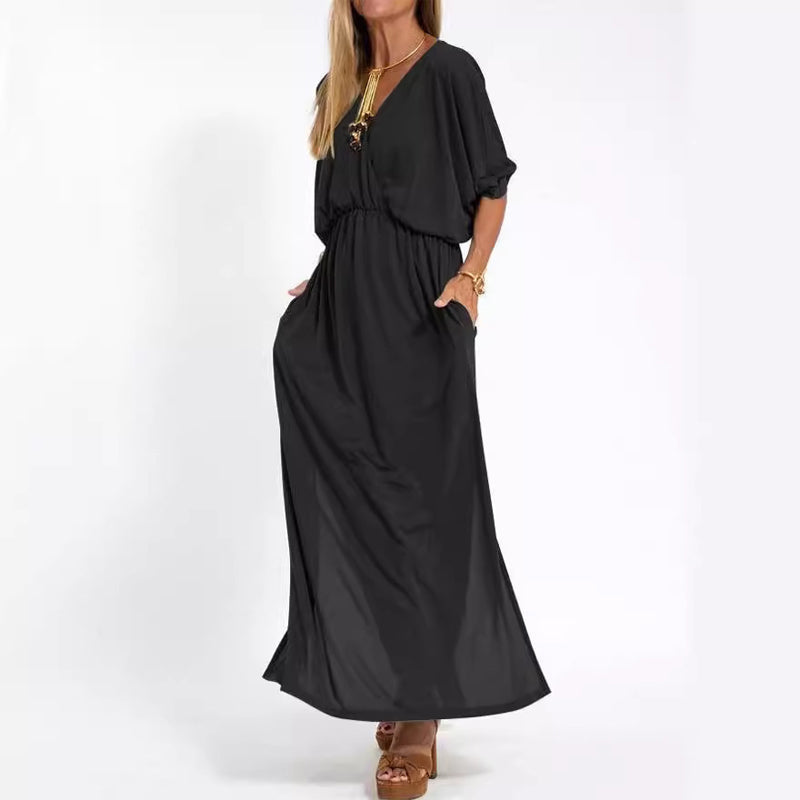 Ruched Wrap V-Neck Dress with Side Slit