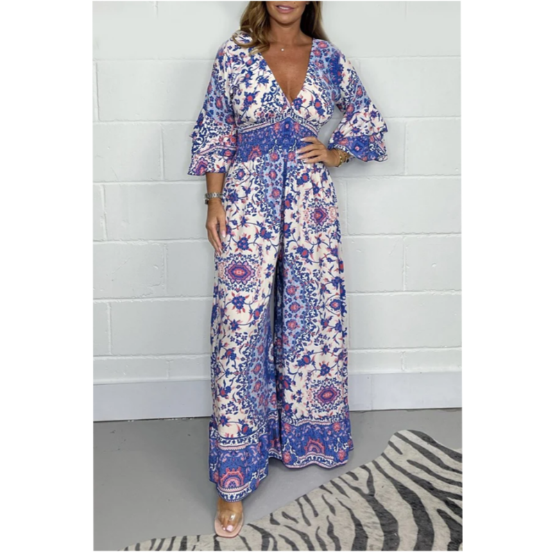 Women's V-Neck Featured Printed Jumpsuit