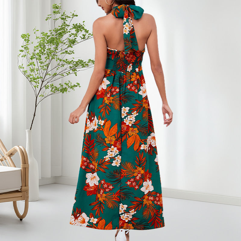 Women's Boho Floral Strap V Neck Halter Dress