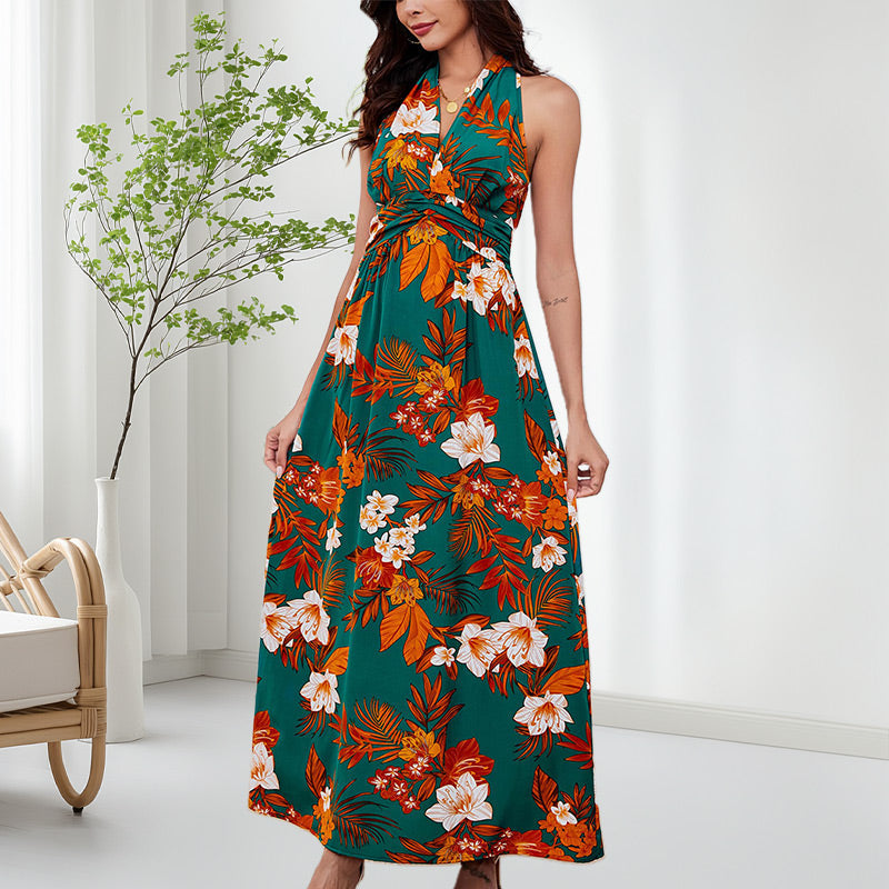 Women's Boho Floral Strap V Neck Halter Dress