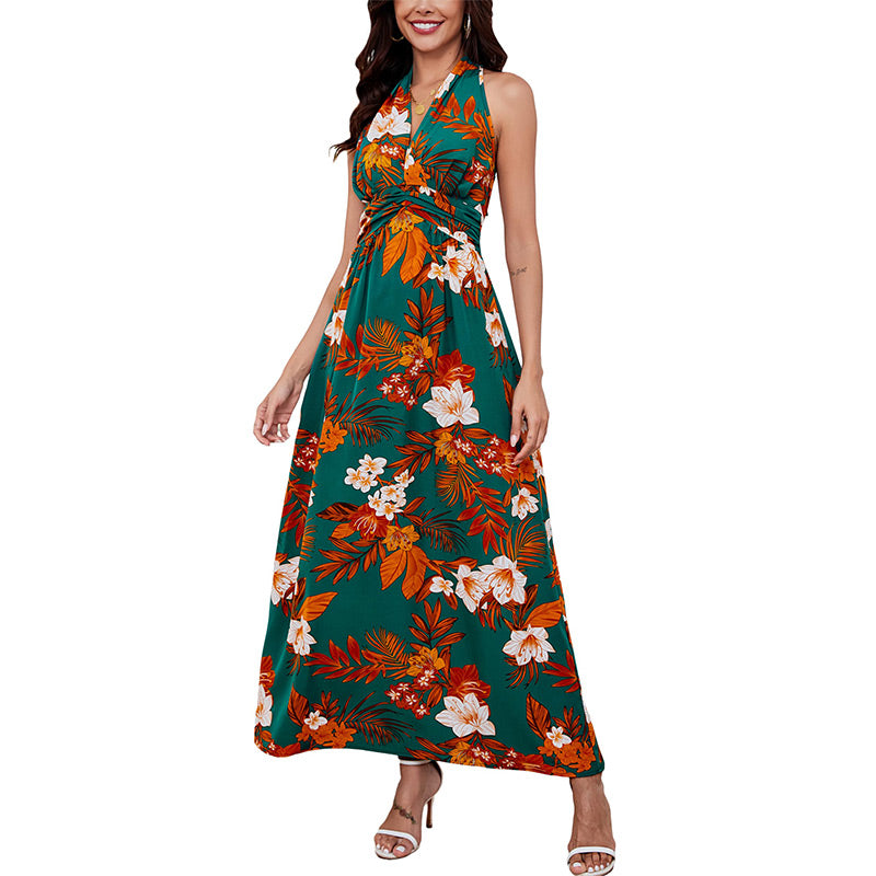 Women's Boho Floral Strap V Neck Halter Dress