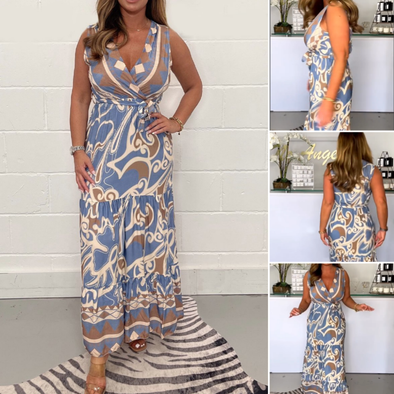 V-Neck Printed Maxi Dress with Belt