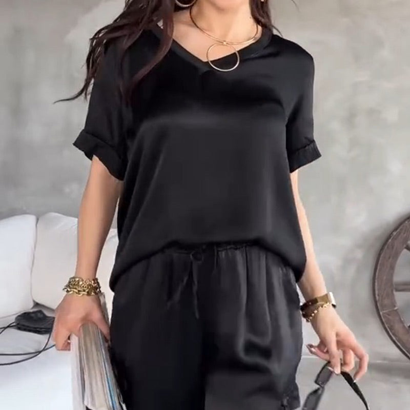 Women's Chic V-Neck Short Sleeve Top & Cargo Pant Set