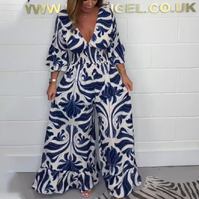 Women’s Printed Deep V-Neck Wide-Leg Jumpsuit