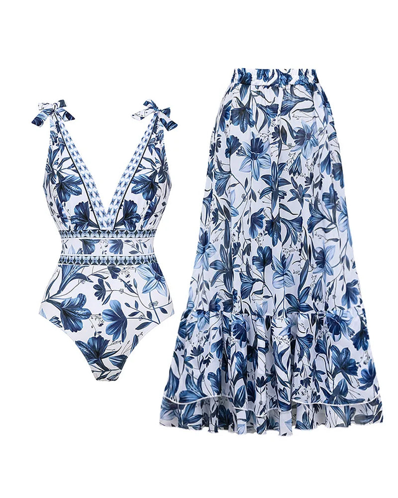 💕Spring New💕V Neck Lace Up Printed One Piece Swimsuit and Skirt